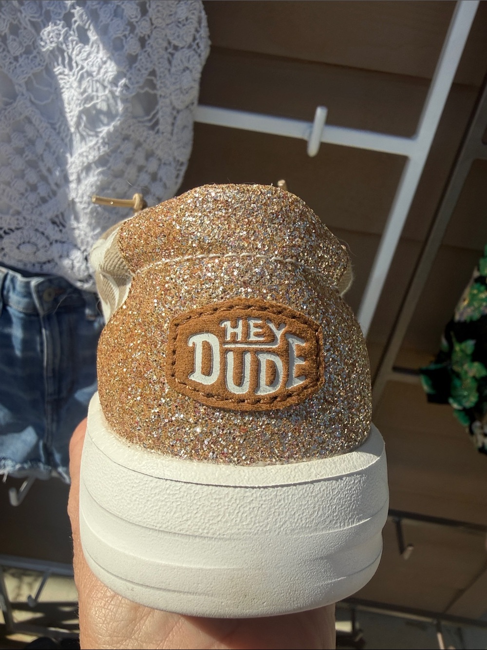 Hey Dude NEW Festival Women's Tan Beige Camo Sneakers with Gold Glitter Trim 10 - Picture 7 of 13